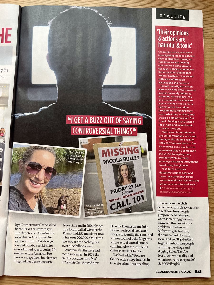 DrDigi_Health's tweet photo. I’m in this week's @closeronline magazine✨Thank you for the opportunity to speak on this important case, exploring the help and hindrances of social media 'armchair detectives' in investigating crime🙏
#socialmedia #armchairdetectives #socialmediadetectives #nicolabulley #crime https://t.co/OKB22nC2so