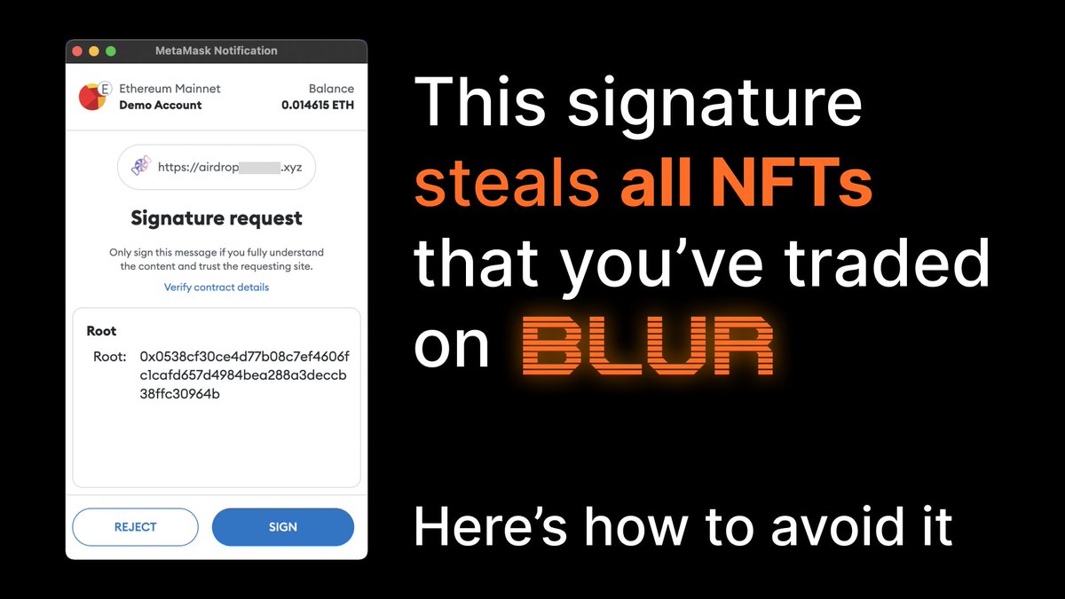 Blur signatures are now being used to steal NFTs ☠️

These are even more dangerous than the Opensea/Seaport signatures because the message is unreadable

We've already added a security measures to keep you safe
Here's a quick rundown 👇