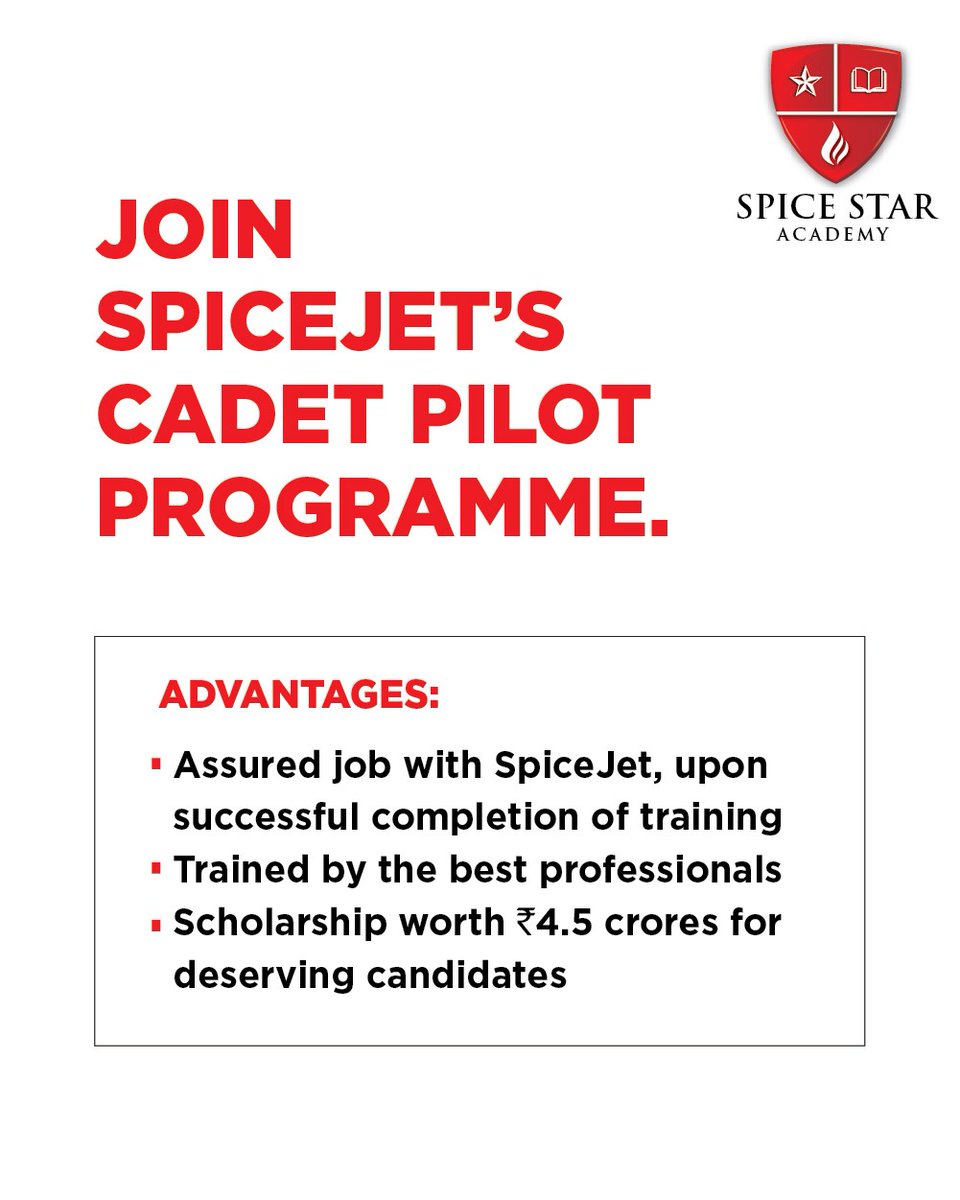 flyspicejet's tweet image. Set your sights on the skies and make your career take off. Apply now for SpiceJet&apos;s Cadet Pilot Programme and let&apos;s fly high together!

#flyspicejet #spicejet #cadetpilot #pilot #flywithus #travel #travelwithus #flights #aviation #airline #spicestaracademy #addspicetoyourtravel