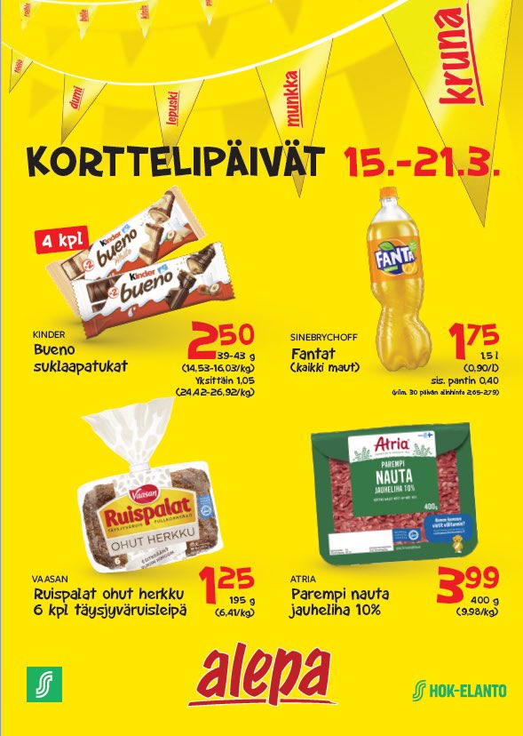 HeikkinenMika's tweet photo. Alepoissa vietetään #korttelipäiviä 15.-21.3. 
Alepat täynnä herkullisen edullisia hintoja. Kaikki Alepasta. Läheltä on enemmän #Alepa ⁦@HOKElanto⁩ 
Lähipalvelujen puolesta #Alepamies 
Sydämellisesti Tervetuloa. Nähdään Alepassa https://t.co/B0aOb13Lkg