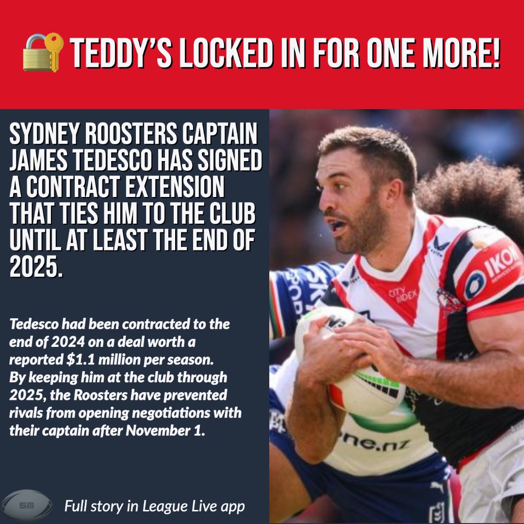 leagueLIVE_app's tweet photo. 📰THAT'S ONE WAY TO KILL A HEADLINE📰

Tedesco's new deal answers questions over whether the Roosters could retain him as well as Manu &amp; Suaalii.

"If we can get us all together playing for many years to come, it is really beneficial for the club."

READ: https://t.co/B8b3Z3pdvN https://t.co/cHJMWJaaDj