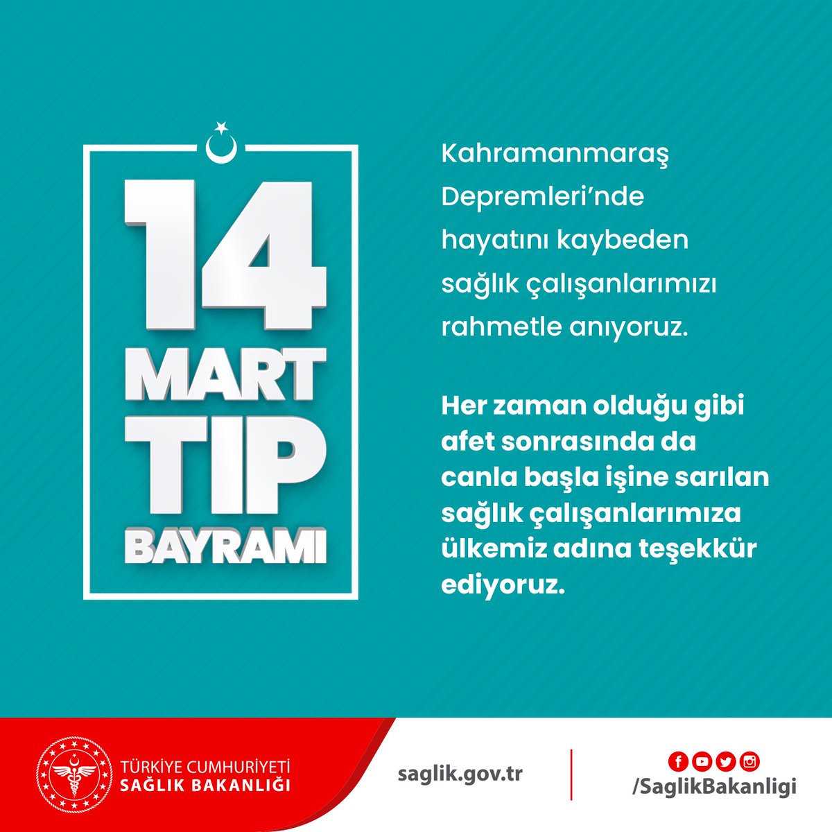 14 Mart Tıp Bayramı
Kahramanmaraş Depremleri’nde hayatını kaybeden sağlık çalışanlarımızı rahmetle anıyoruz.
Her zaman olduğu gibi afet sonrasında da canla başla işine sarılan sağlık çalışanlarımıza ülkemiz adına teşekkür ediyoruz.
#14MartTıpBayramı