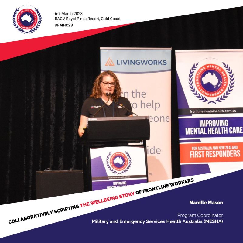 MESHealthAus's tweet photo. Our Karen May &amp; Narelle Mason proudly presented at the #FMHC23 in QLD last week. Karen shared her #research on the experiences of children of service parents with #PTSD. Narelle spoke of Experience program delivery as a former #police &amp; #airforce officer. https://t.co/tzIOWuo3AF