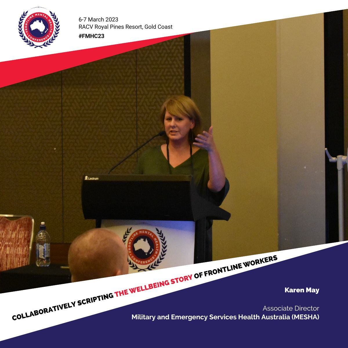 MESHealthAus's tweet photo. Our Karen May &amp; Narelle Mason proudly presented at the #FMHC23 in QLD last week. Karen shared her #research on the experiences of children of service parents with #PTSD. Narelle spoke of Experience program delivery as a former #police &amp; #airforce officer. https://t.co/tzIOWuo3AF