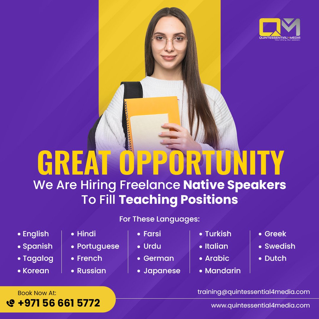 Q_4Media's tweet photo. Don't miss out on this great opportunity! We're currently hiring language teachers. If you're passionate about teaching and helping others learn, apply now and join our team. 
.
.
.
🌐 https://t.co/BJua69wifO
📧 Training@quintessential4media.com
☎️Call/Whatsapp - +971-55-932-7664 https://t.co/vuTJHcN4xc