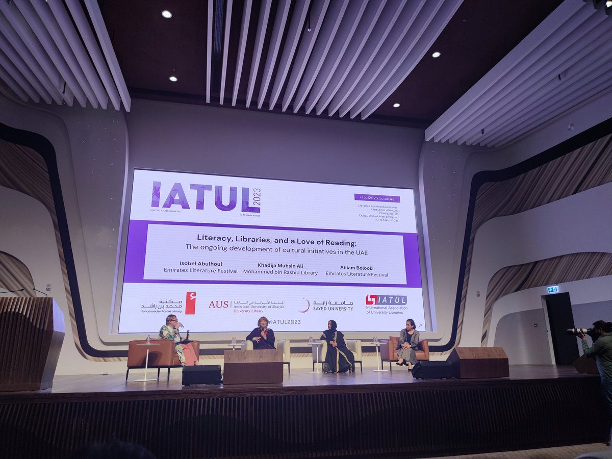 Still thinking about our amazing panel discussion featuring Isobel Abulhoul and Ahlam Bolooki from <a href="/EmiratesLitFest/">EmiratesLitFest</a> <a href="/ELFDubai/">ELFDubai</a> and Khadija Muhsin Ali from <a href="/mbrlae/">Mohammed Bin Rashid Library</a> in the amazing #mbrl venue. 
#IATUL2023