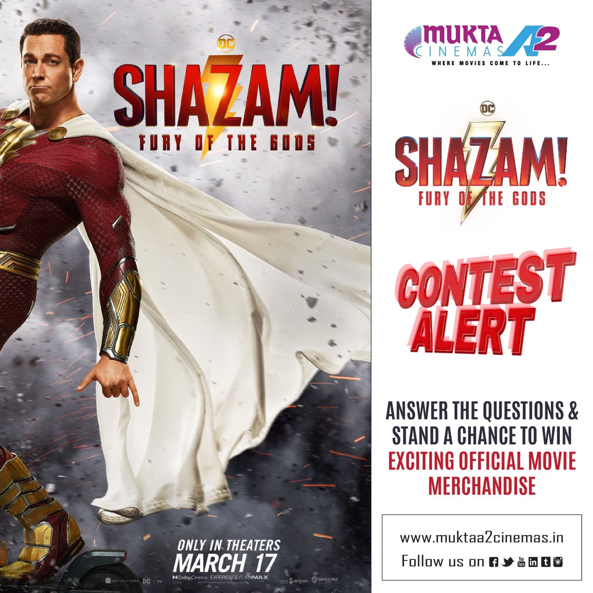 MuktaA2Cinemas's tweet photo. Another day, calls for yet another super fun contest. It’s time to #Shazam 

Here’s your wonderful chance to win official movie merchandise of #Shazam 

Stay tuned for further updates. 

#shazam #shazammovie #shazamcontest #shazamfans #warnerbrosindia #shazamfuryofthegods https://t.co/8WjHNVa7sf