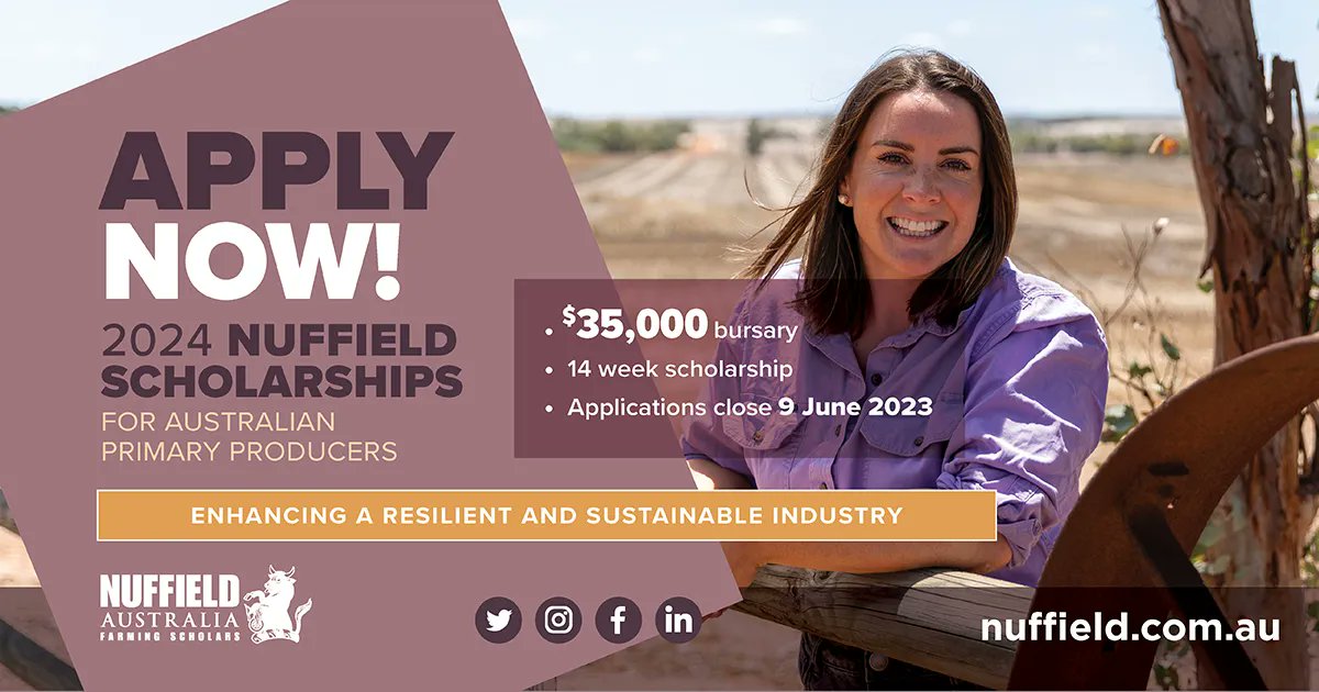 Applications for 2024 Nuffield Scholarships are open - AG Excellence buff.ly/3LhNhqM

#nuffieldag #ausag #australianagriculture #aussieag #aussiefarmers #agchatoz
#youngfarmers #futurefarmers  
#smartfarming #agtech
#droughtresilience #sustainability 
#agriculture
