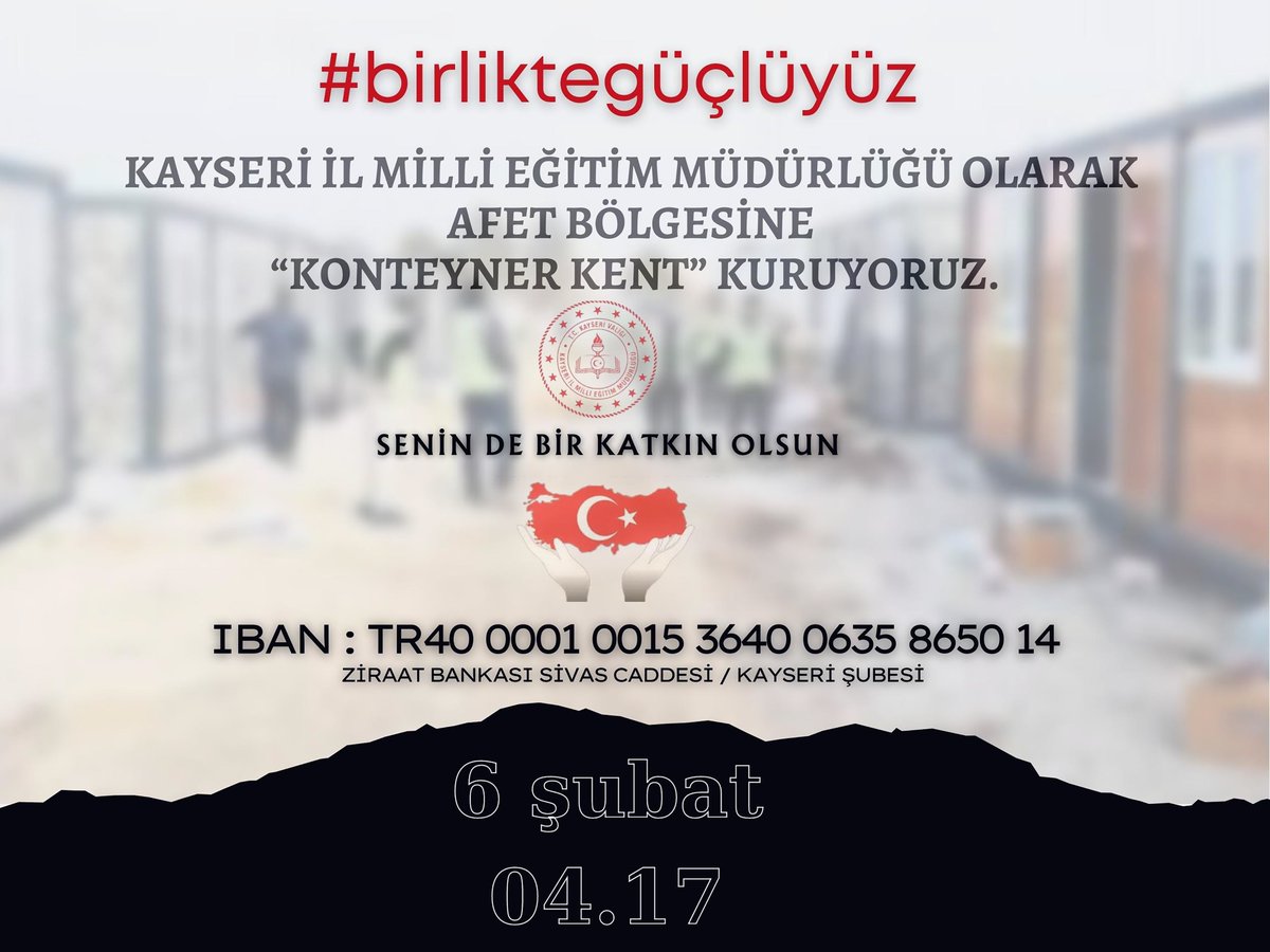 kayserimem's tweet image. Tüm eğitim camiamızla tek yürek olup afet bölgesi için #BirlikteGüçlüyüz diyelim!

Haydi Kayseri!

@tcmeb @kayserivaliligi @gokmen_cicek_ @senolesmer @BahameddinK
