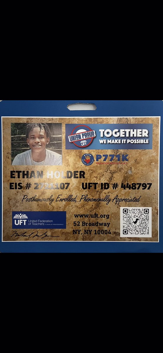 Ethan was posthumously elevated to full UFT membership, where his parents received oversized UFT membership cards. His card read “Posthumously Enrolled, Phenomenally Appreciated.” #UnitedFederationOfTeachers #TheChildrenAreOurFuture