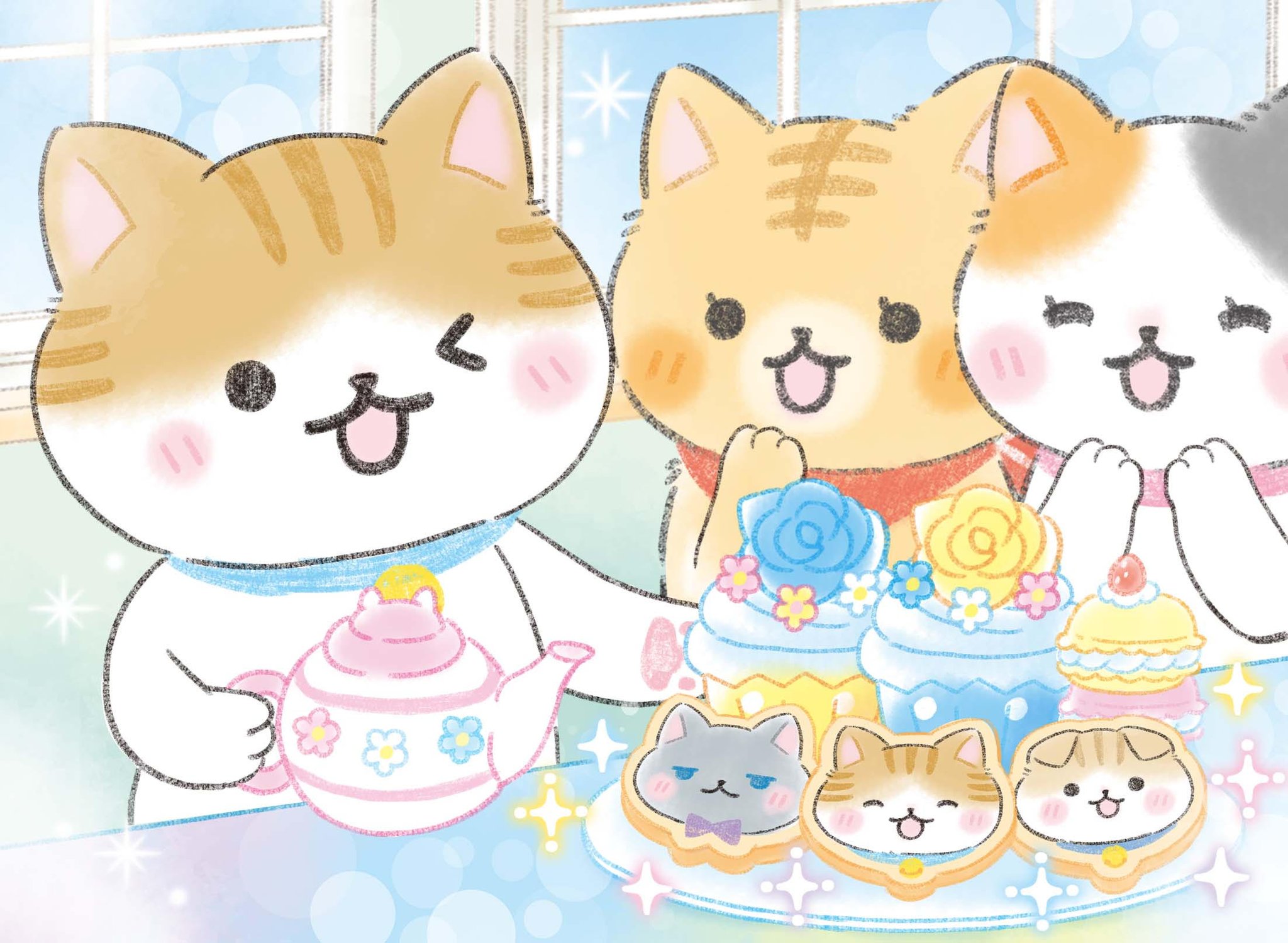 猫のイラスト Happy Holidays cute naughty calico kitten cat decorating a Christmas pine