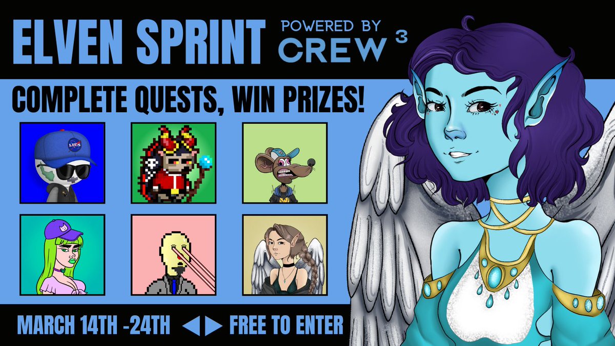 Our Sprint is now live on @crew3xyz!! 🏃‍♂️

10 days of fun with prizes for the top 3 players.
Prizes include @TheAlienBoyNFT @EdgehogsNFT @HunnysNFT @SewerRats_NFT @Thecryptonerdz  
(+ there are quests to follow them all)

Start playing now:
crew3.xyz/c/elven-nft/in…
and good luck!💜