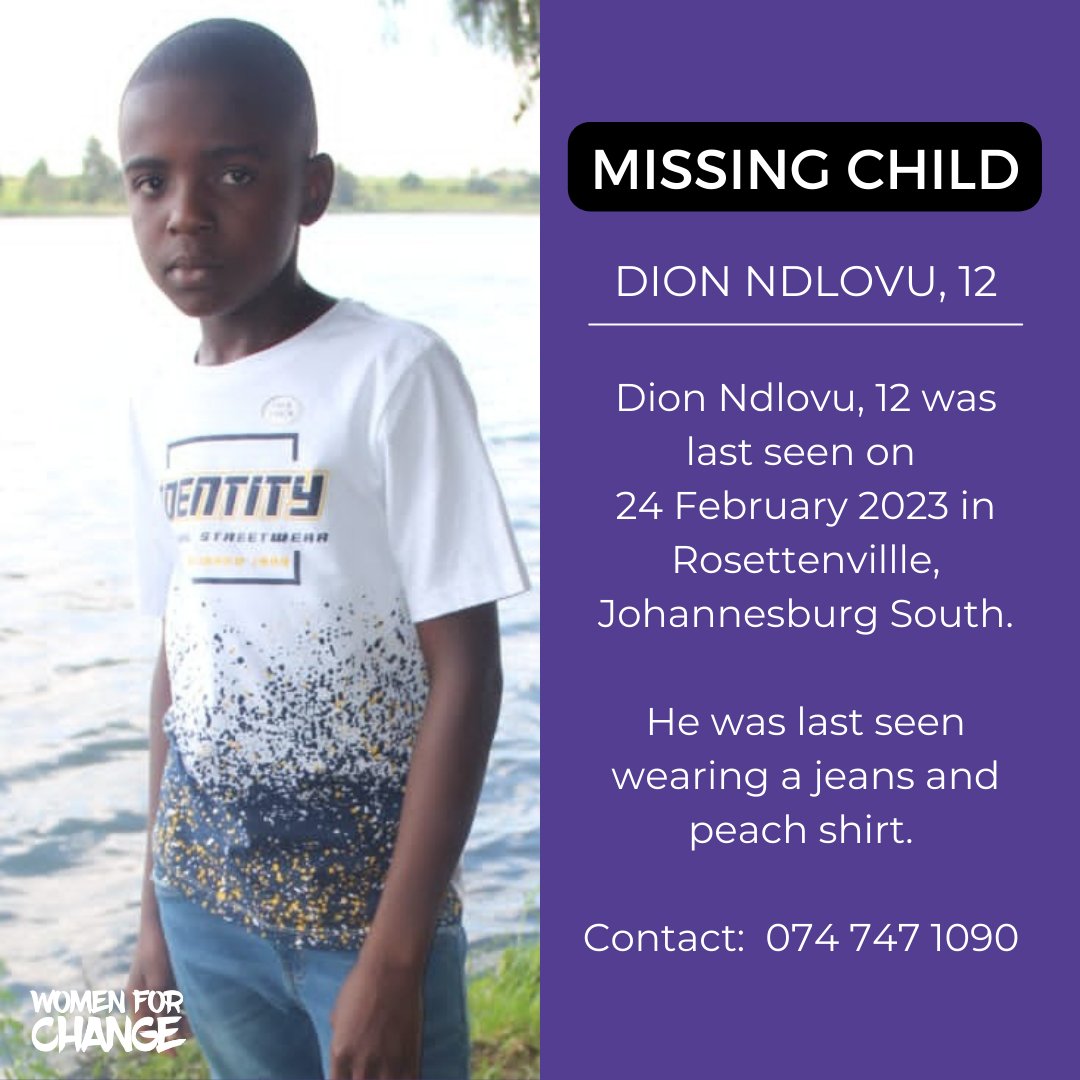 womenforchange5's tweet photo. ⚠️ MISSING CHILD ALERT ⚠️
Dion Ndlovu, 12 was last seen on 24 February in Rosettenvillle, Johannesburg South. He was last seen wearing a jeans and peach shirt. He is still missing!
Please contact:  074 747 1090
#womenforchange https://t.co/cG8Yfzu0EP