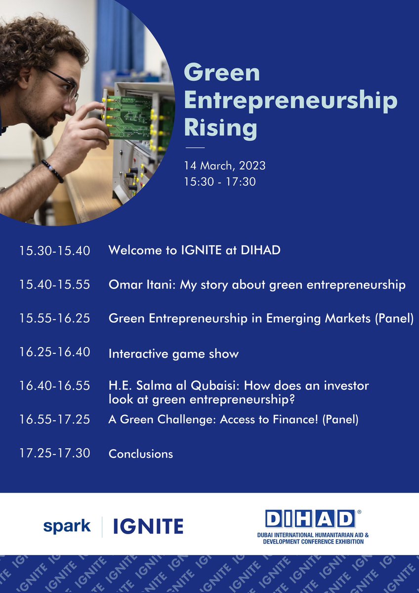 SPARKorg's tweet photo. Join our #IGNITEatDIHAD session today: Green Entrepreneurship Rising, at @dihad. Our session will include keynote speakers, panels and an interactive game! ✨

⏱️15:30 - 17:30 
📍World Trade Center, #Dubai https://t.co/sFJJNWujFZ