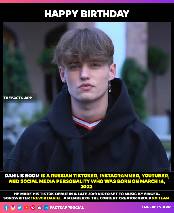 factsappsocial's tweet photo. #DanilisBoom is a Russian TikToker, instagrammer, YouTuber and social media personality was born on March 14, 2002. He made his TikTok debut in a late 2019 video set to music by singer-songwriter #TrevorDaniel. a member of the content creator group #XOTeam. #SquidGame #charlixcx https://t.co/rBVI6zXoxQ