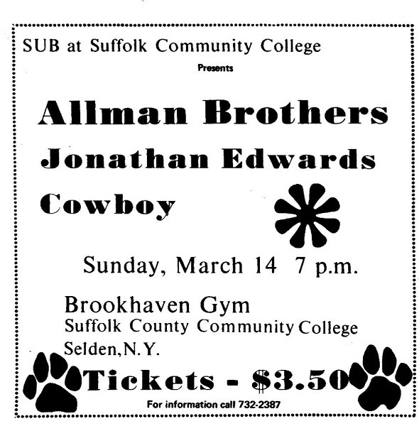 March 14, 1971 The Allman Brothers Band concert at the Brookhaven Gym of the Suffolk County Community College in Selden, NY. 📷 Tommy Androvic