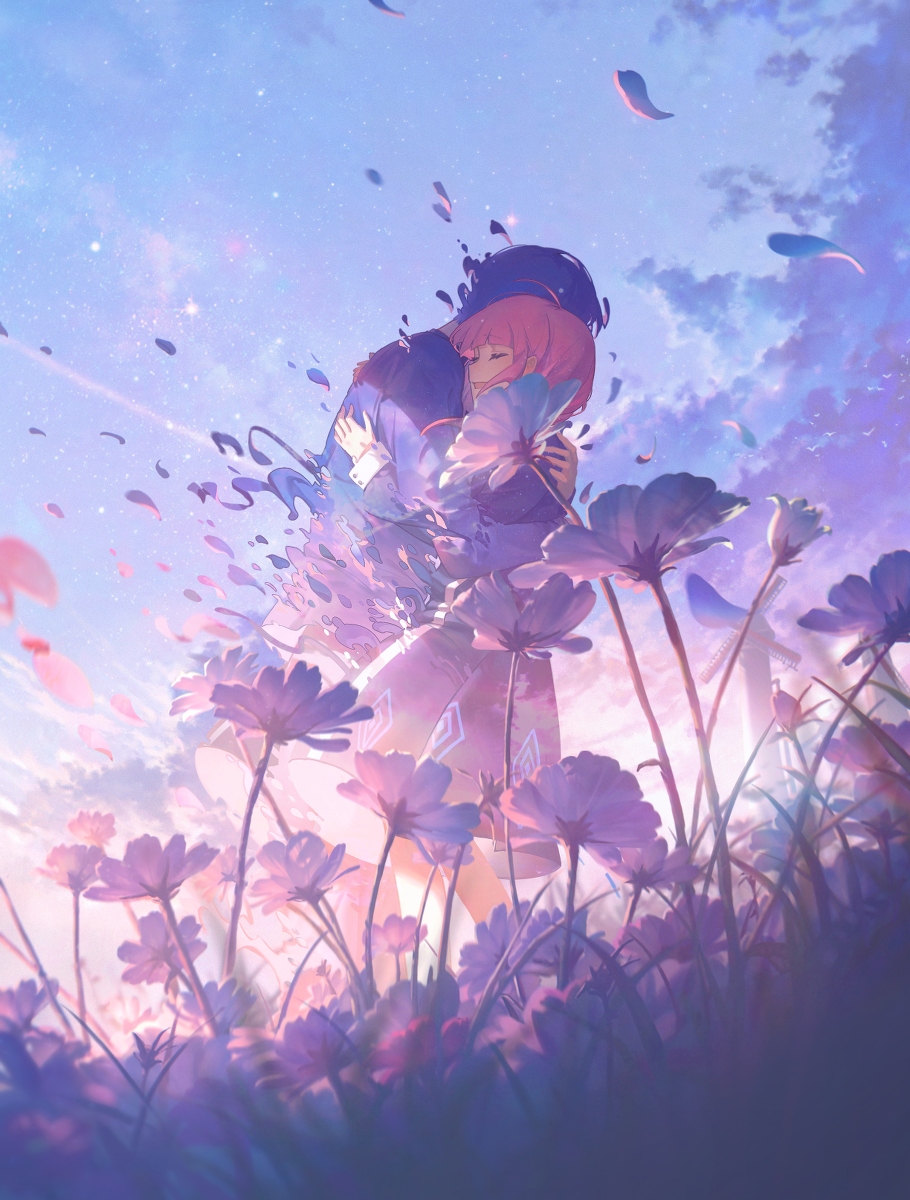 flower sky hug closed eyes petals field pink hair  illustration images