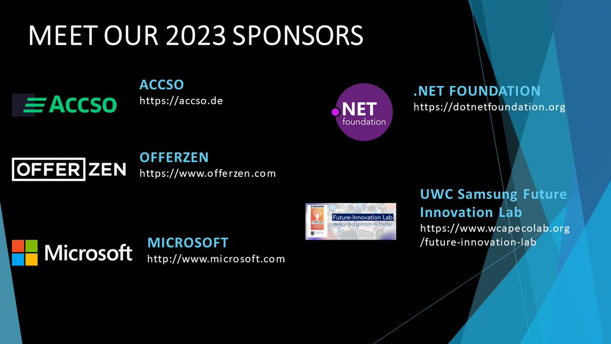 Cape Town MS Developer User Group (@cptmsdug) on Twitter photo Meet our sponsors for 2023. Thank you so much for the support. We cannot have community meetups and community events without your generous support! π€π #community @Accso <a href="/OfferZen/">OfferZen</a> <a href="/dotnetfdn/">.NET Foundation</a> <a href="/futureinnovlab/">future-innovation-lab</a> <a href="/Microsoft/">Microsoft</a> Meet our sponsors for 2023. Thank you so much for the support. We cannot have community meetups and community events without your generous support! π€π #community @Accso <a href="/OfferZen/">OfferZen</a> <a href="/dotnetfdn/">.NET Foundation</a> <a href="/futureinnovlab/">future-innovation-lab</a> <a href="/Microsoft/">Microsoft</a>