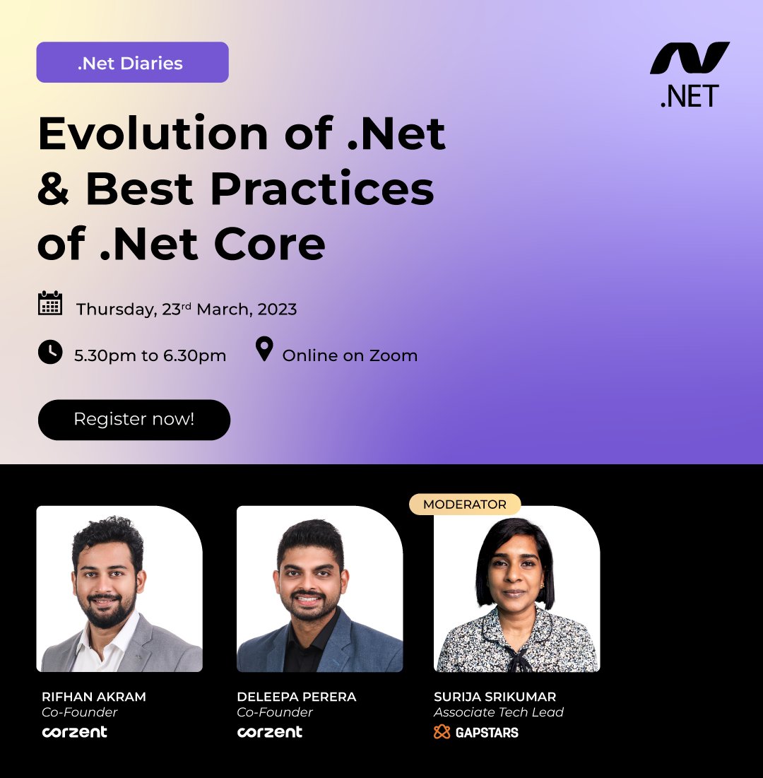Join us for .Net Diaries as we explore the evolution of .Net and what's new with the introduction of .Net Core. We'll also be diving into real-life case studies, implementation with different project types and how Azure can be used with .Net!
Sign up now: bit.ly/3mQfpqQ