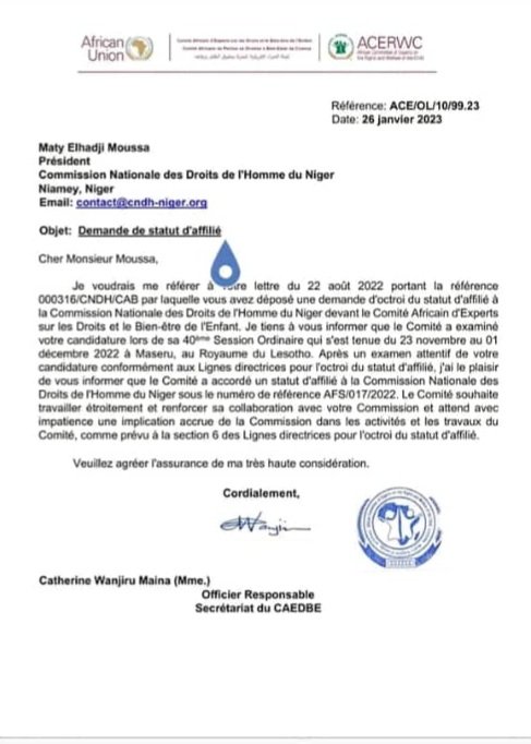 cndhniger's tweet photo. La CNDH du Niger élargi son éventail de représentativité! 
En effet, la CNDH vient d'obtenir sa notification d'affiliation suite à la lettre du 22 août 2022 référencée 000316/CNDH/CAB par laquelle elle avait déposé son dossier de demande d'octroi du statut d'affilié. https://t.co/2dzr5iBWSI