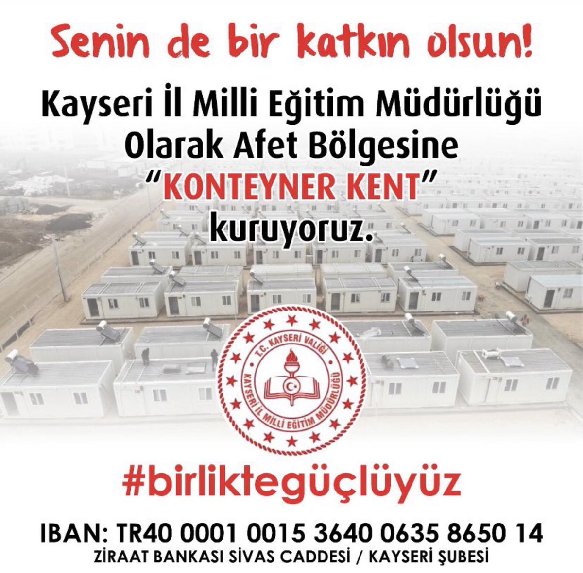 Tüm eğitim camiamızla tek yürek olup afet bölgesi için #BirlikteGüçlüyüz diyelim!

Haydi Kayseri!
<a href="/kayserimem/">Kayseri İl Millî Eğitim Müdürlüğü</a> <a href="/tcmeb/">Millî Eğitim Bakanlığı</a>
