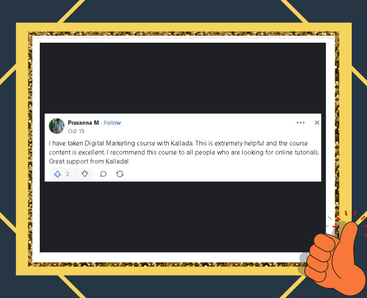 KalladaAcademy's tweet image. "Real students, real results - See how our digital marketing courses have transformed careers."

#StudentReview
#DigitalMarketingSuccess
#CourseFeedback
#CareerTransformation
#MarketingEducation
#kalladaacademy