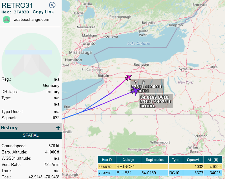 SirListenalot's tweet photo. Mar13 2025z #KC10 #AE021C as #BLUE81 en route Travis - Bangor just separated from his receivers, three German AF #EUFI Eurofighter's as #RETRO31-33 that left Creech AFB for Bangor on their way home to Nörvenich https://t.co/XmLvm9FG33