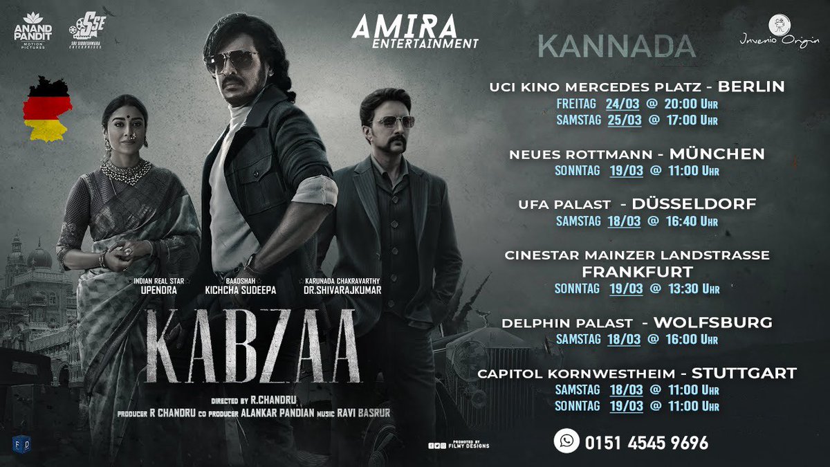 #Kabzaa in Germany! 🇩🇪 (KannadaVersion) 🎟️Get your Tickets Now! In theatres 17.03.2023 🎥🍿 #Kabzaa #KabzaaFromMarch17 #KabzaaMovie #KabzaaTrailer @olyynt @tdefilmverlei #Germany