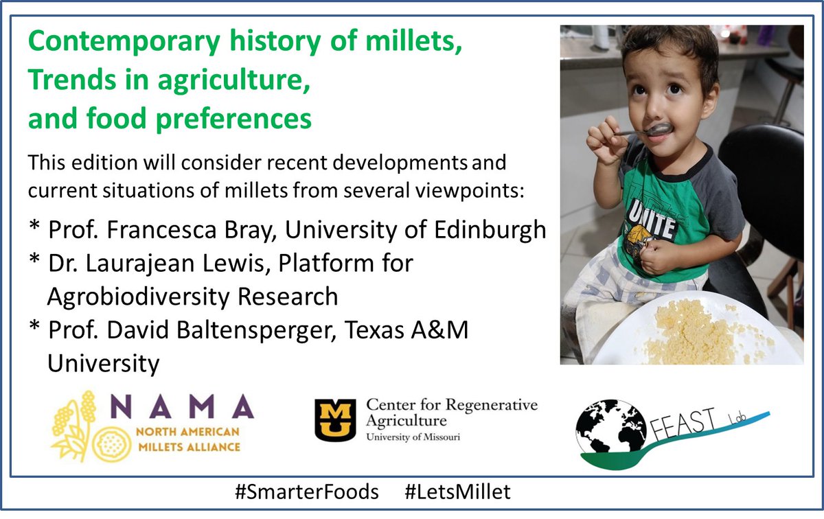 JoannaKP's tweet photo. Please join for the next millet webinar: Contemporary history of millets, trends in agriculture, and food preferences. 
5 pm EDT 15 March (Sorry for India as this is 2.30am)
Register here: https://t.co/vz39vAbTo4

#SmarterFoods #LetsMillet https://t.co/HtDEjnRxUE