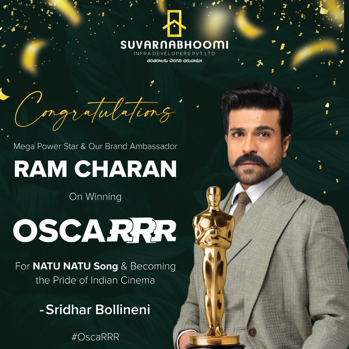 RRR’s Natu Natu made history as the first song from an Indian film to win The Oscar for best original song.
We would like to congratulate Ram Charan and the entire team of RRR that made this happen. 

#suvarnabhoomi #suvarnasahaja #sahaja #plots #Oscars #RRRForOscars #Ramcharan