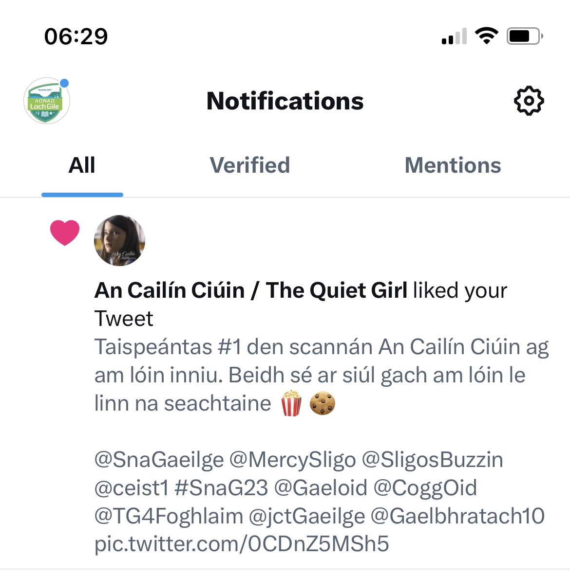 DNCMata's tweet photo. Lá déanta ar maidin leis an ❤️ seo. @quietgirlfilm @AonadLochGile @MercySligo Is fiú gach aon iarracht a dhéantar ar son na Gaeilge💪🏻  Beatha teanga í a labhairt @SnaGaeilge @Gaeloid @CoggOid 💚 🇮🇪 #SnaG23 https://t.co/OKsgOiKmqu