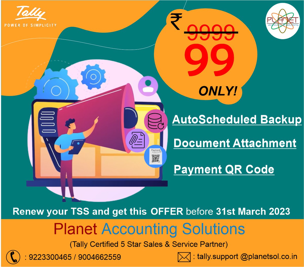 PlanetSocial2's tweet photo. Renew your TSS and get this offer before 31st March 2023 
#tally #tallyprime #TSS #report #ewaybillintallyprime #invoice #irn #qrcode #productupdates #remoteaccess #einvoice #datasynchronisation #autoscheduled #paymentqrcode #documentattachmentintally  #planetaccountingsolutions https://t.co/R77UgSG5u8