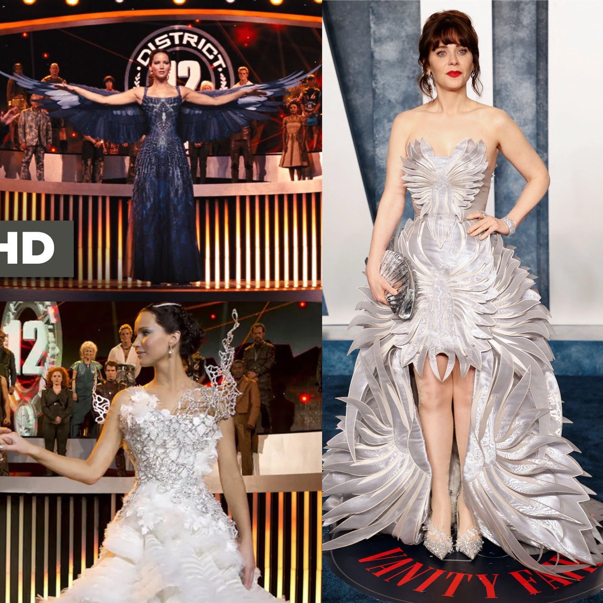 JennyFormica's tweet photo. If these 2 hunger games dresses had a baby it would be @ZooeyDeschanel 2023 oscars dress and I am LOVING IT https://t.co/gYAVPxewZS