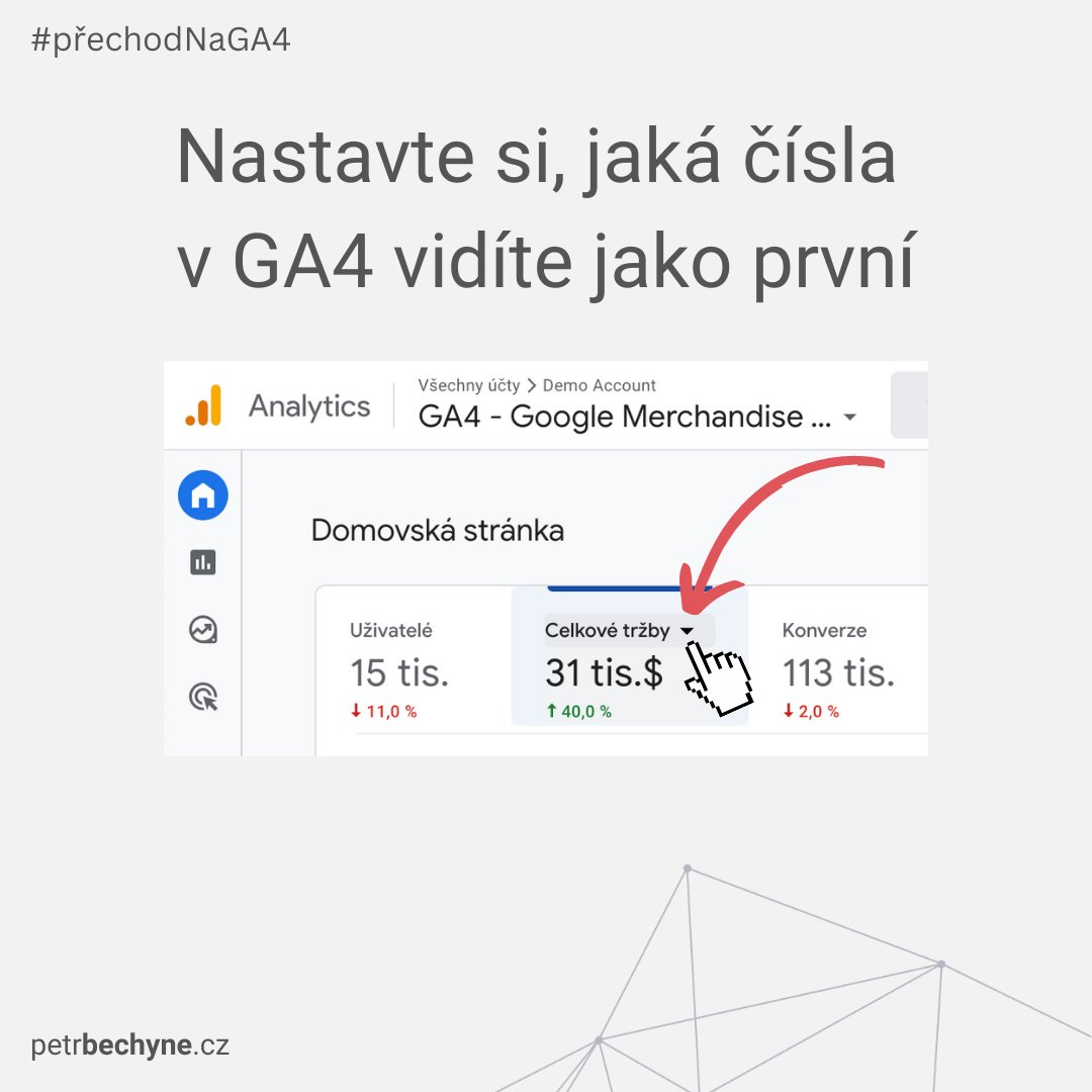 bechyne's tweet photo. 📊V #GA4 si můžete na úvodní stránce změnit čísla, která vidíte, jako první. 

Stačí najet myší na konkrétní číslo, kliknout na šipku a vybrat metriku, která je pro vás důležitá. 

#přechodNaGA4 #googleanalytics #analytics  #GA4 https://t.co/wrNjJk9xVs