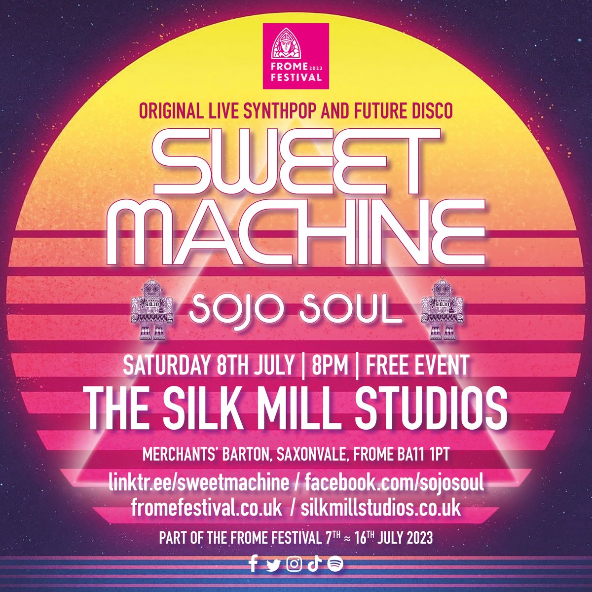 We're really excited to be back for @Frome_Festival with a FREE GIG on July 8th @SilkMillStudios along with the electro-disco skills of @SojoSoul #dancing #bar #neon #sunset #synthpop #synthwave #electropop #futuredisco #80s #frome #festival #saxonvale fromefestival.co.uk