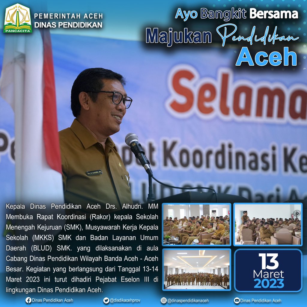 disdikacehprov's tweet photo. Kepala Dinas Pendidikan Aceh membuka Rapat Koordinasi Kepala SMK, MKKS dan BLUD SMK.
#pemerintahaceh
#humasaceh
#disdikaceh
#pendidikanaceh
#cabangdinaspendidikan https://t.co/8EP0yJWLqD