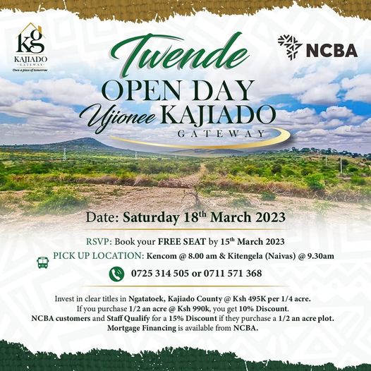KajiadoGateway's tweet photo. An "open day" is an event where potential buyers are invited to visit a property. Hop in and let’s take you for a Kajiado Gateway tour. 
#ownapieceoftomorrow #Kajiado #kajiadogateway #KajiadoCounty
#realestate #realtor #realestateagent #home #property #investment #forsale https://t.co/vHODAyj2Tc