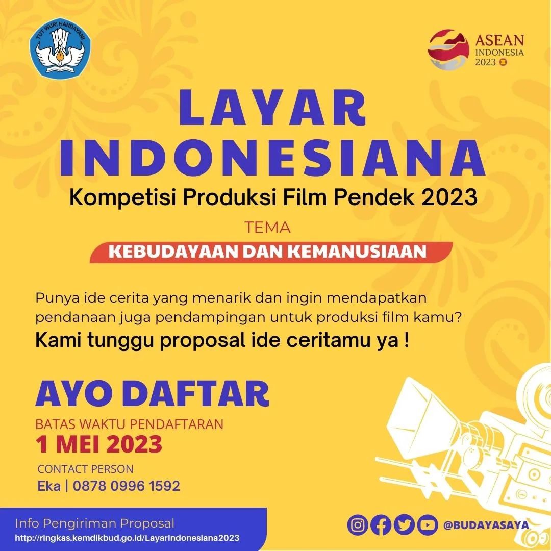 budayaulun's tweet photo. Ayo daftarkan ide kalian dalam bentuk proposal ide cerita ke Layar Indonesiana Kompetisi Produksi Film Pendek 2023! 

Informasi lengkap mengenai kompetisi ini dapat kalian lihat di https://t.co/oILW3bgYWx

#Budayasaya #kompetisifilmpendek #layarindonesiana2023 #BudayaUlun https://t.co/ZKLuWcCxd4