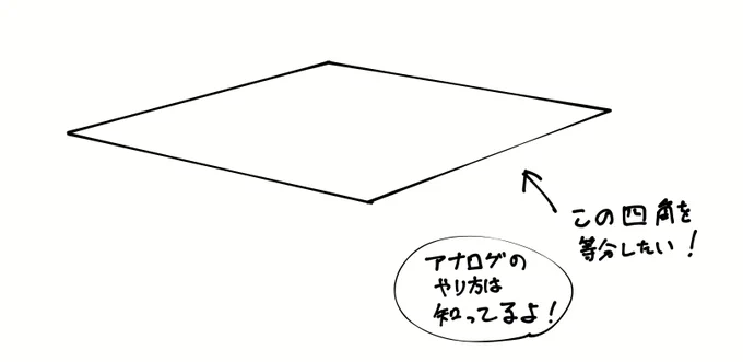 なんかもっと直感的に、パース上の線分を等分する方法はないものか。
理想は図形定規で「田」みたいな図形を一発で引ければ楽なんだけど、「目盛り」→「分割数」で作っても、スナップして描けるのは結局「□」なので、楽をしたい。 