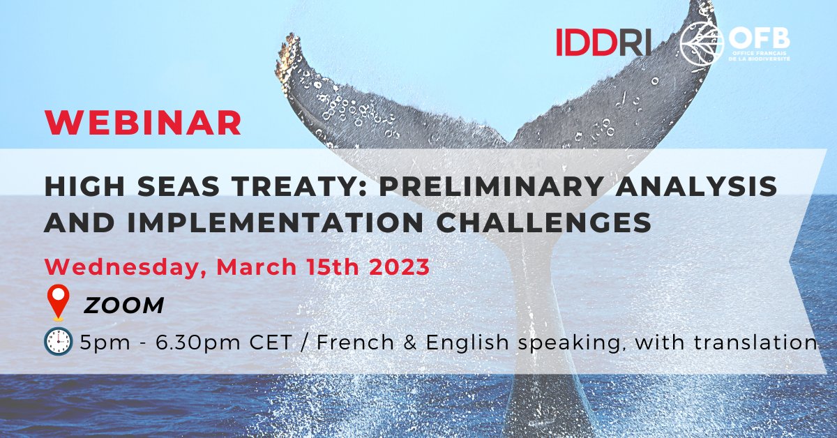 📢Tomorrow, don't miss our webinar organised with <a href="/OFBiodiversite/">Office français de la biodiversité</a> about the #HighSeas treaty! #BBNJ

With:
-Invited experts: Florent Merle OFB, <a href="/HHardenDavies/">Harriet HardenDavies</a> <a href="/ocean_voices/">Ocean Voices</a>, @ArneLa_10 <a href="/maripoldata/">MARIPOLDATA</a>
-IDDRI's team: J. Rochette, <a href="/MarinePolicy/">Glen Wright ⚡🐋</a> &amp; <a href="/CremersK/">Klaudija Cremers</a>

👉us02web.zoom.us/webinar/regist…
