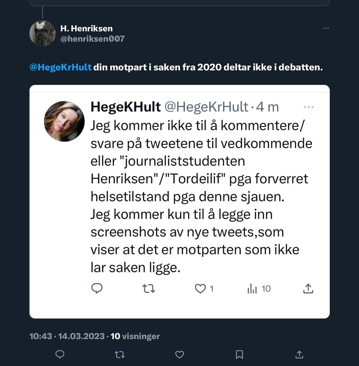 HegeKrHult's tweet photo. Da får du legge saken bort,for du er ikke part i saken. https://t.co/SFW9I0UMKI