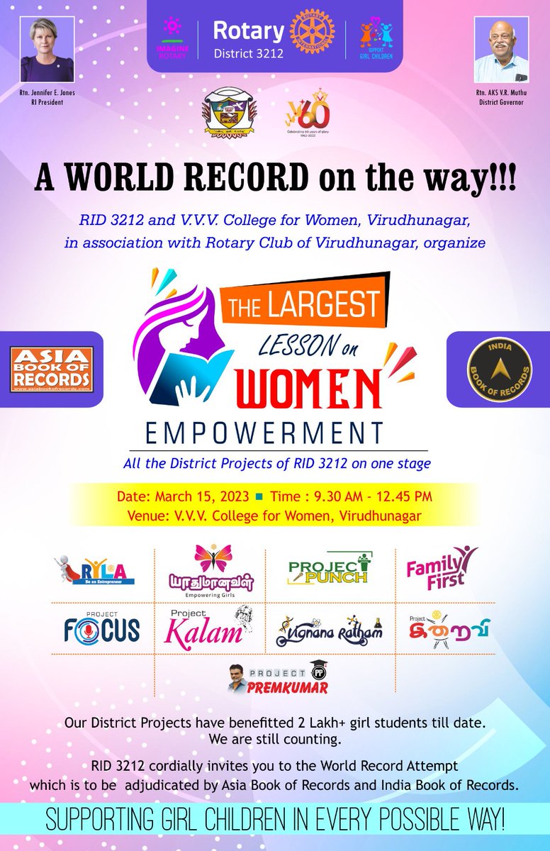 Join the Power Women as they take on the world!
Explore topics such as career guidance, women #entrepreneurship, and more at Rotary District 3212 & V.V.Vanniaperumal College for Women, #Virudhunagar on March 15, 2023.
#PowerfulWomen #GameChangers #BossBabe #LearnGrowConnect