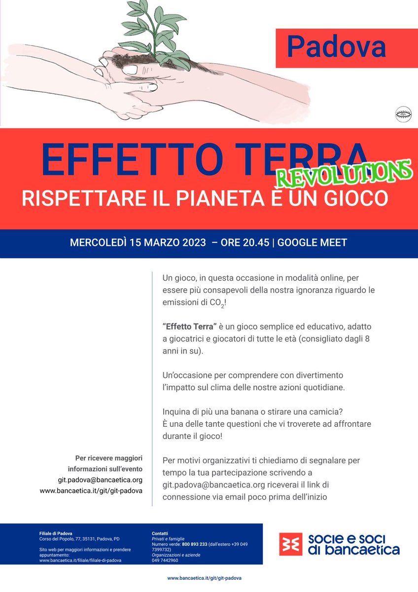 Mercoledì 15 Marzo 2023
Effetto Terra "Revolutions"
Un gioco, in questa occasione in modalità online, per essere più consapevoli della nostra ignoranza riguardo le emissioni di CO2!
Più info >>> bancaetica.it/evento/effetto…
#bancaetica #finanzaetica #effettoterra