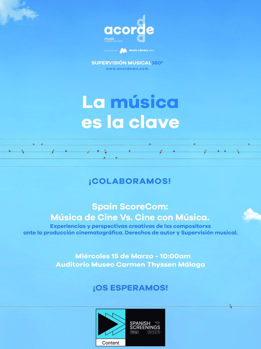 musiclibrarysfx's tweet photo. Colaboramos para establecer un punto de encuentro de #composición y #supervisión #musical en español para el #audiovisual con #SpainScorecom en @festivalmalaga @mafiz @SpScreenings #content. Participantes: https://t.co/NhxKfdcdga. ¡Os esperamos! https://t.co/IQ7ljU6LUg