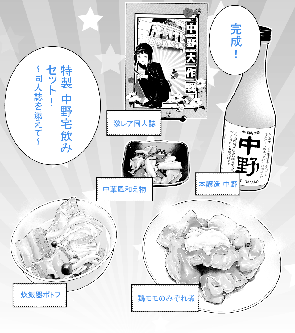 やよいの「特製 中野宅飲みセット～同人誌を添えて～」を実践されている・・・!
メニューも再現率高い・・・!!!

嬉しい!!!ありがとうございます!🥂 https://t.co/nwtxX2bH5L 