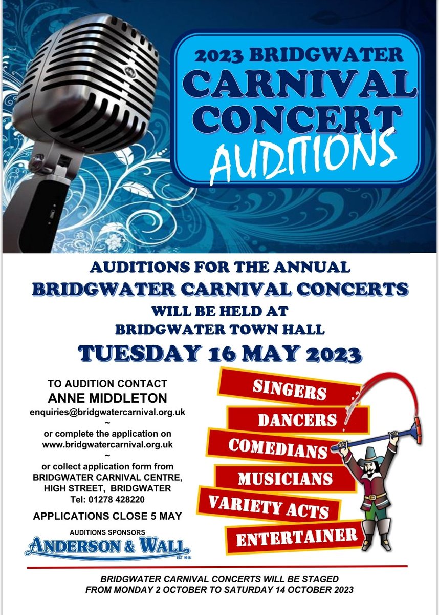 BCarnival's tweet photo. ⭐️ AUDITIONS ⭐️

We're looking for talented people to be our 'Front of Curtain' Acts for the 2023 Bridgwater Carnival Concerts!

Thank you to our Auditions Sponsor Anderson &amp; Wall.

Audition details below ⬇️😃 https://t.co/2dn4gQI3n7
