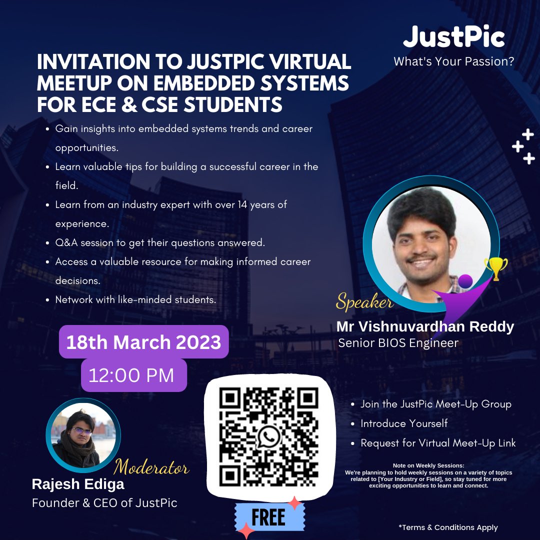 JustPicNetwork's tweet photo. We hosting Invitation to JustPic Virtual Meetup on Embedded Systems. 

Would you like to attend?

This may be beneficial to ECE and CSE students . Do share it .#fresher #embeddedworld https://t.co/eA85tilqUS