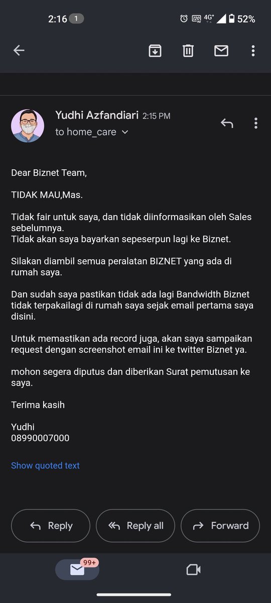 Yud_Az's tweet image. Halo @BiznetNetworks , tolong dibantu proses penutupan layanan no pel 3100179124. Penalty yg tdk fair. Anda terkenal dengan service yang bagus, saya harap berlanjut dengan layanan bagus juga saat memutus pelanggan