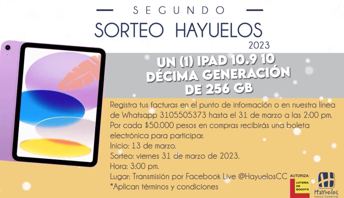 cazaofertasco's tweet photo. ¡Gana un iPad en el segundo sorteo 2023 del centro comercial Hayuelos! 🇨🇴🎁🏆🎆 Cómo participar👇
https://t.co/7os76iJd38
·
#Colombia #concurso #sorteo #giveaway #premio #Cazaofertas #Hayuelos #iPad https://t.co/qEuuz3x00t