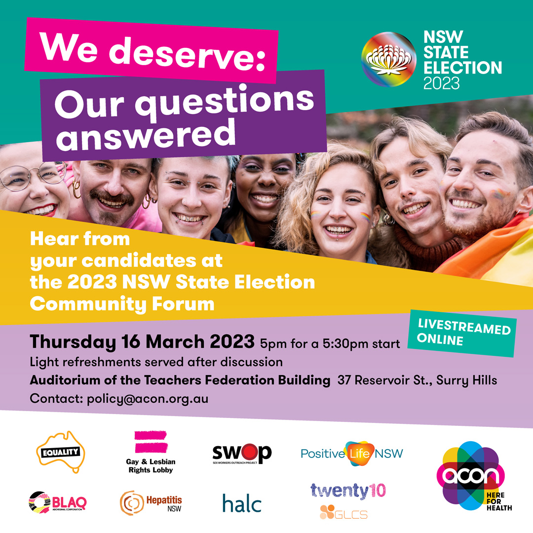 Twenty10's tweet photo. With the end of #WorldPride, we need to continue creating meaningful change for community.
Join us for a live forum with #NSWStateElection candidates to get their answers on how they will support the ongoing health, safety, and human rights of our #LGBTIQA+ communities. https://t.co/KserYwBV4Z